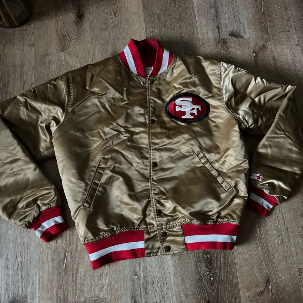 STARTER San Francisco 49ers Gold Satin Bomber Jacket with Red & White Trim